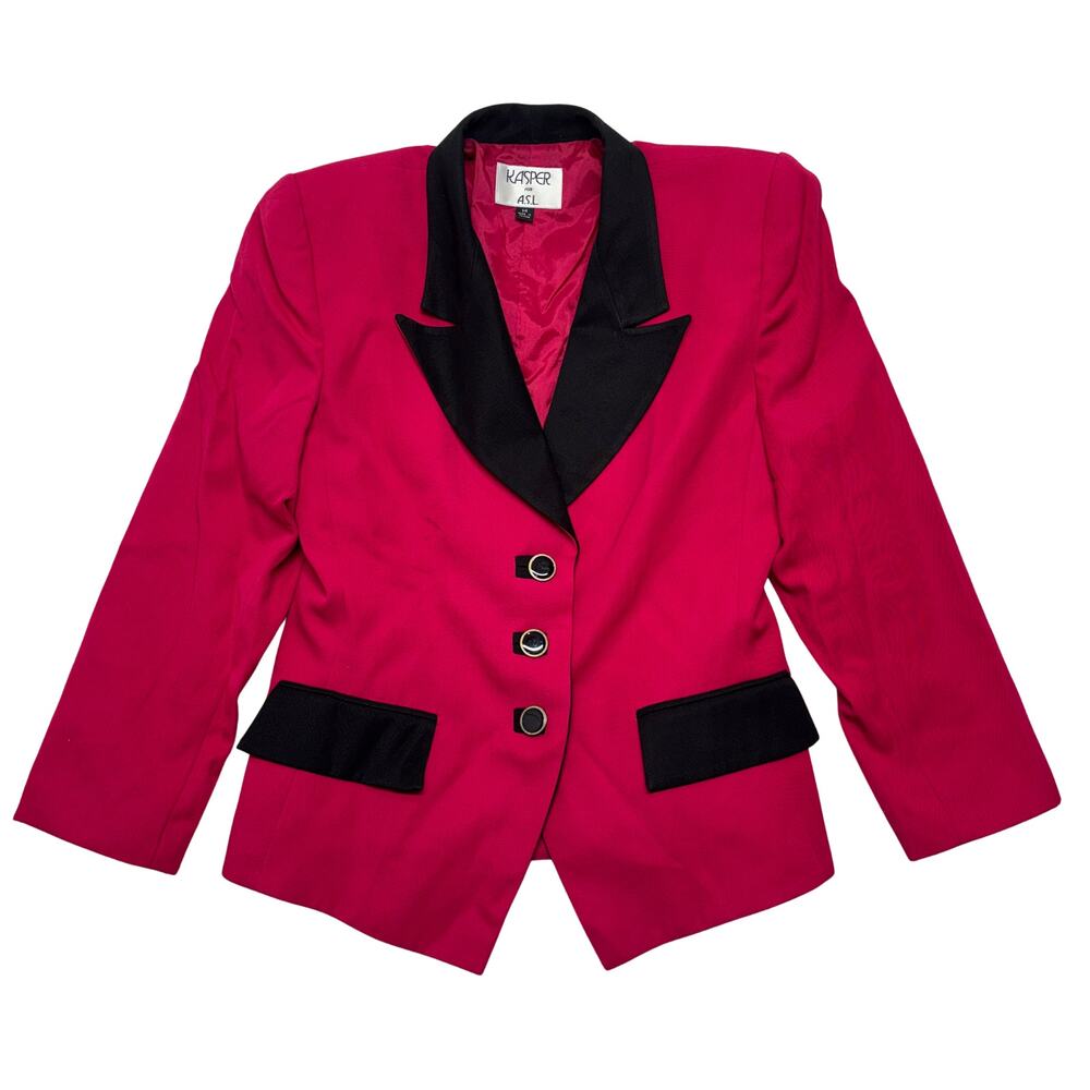 Vintage Kasper A.S.L. Blazer Jacket Womens 14 Pink/Black Trim Taiwan 80s Career